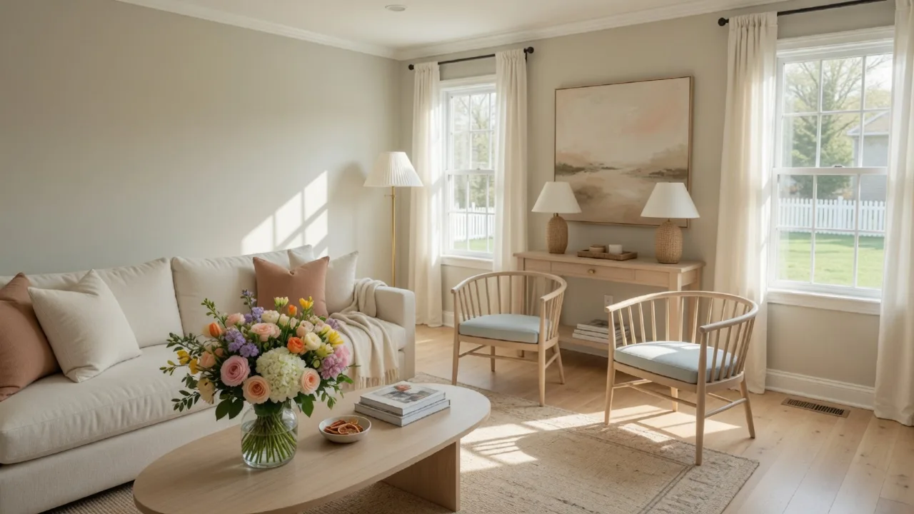 Beautifully staged living room with warm natural light, hardwood floors, and fresh flowers on a coffee table