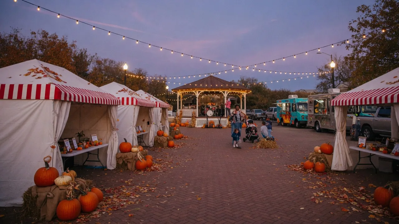 An illustrative outdoor fall harvest festival scene on a small-town Texas square with vendor booths, string lights, pumpkins, and families in the evening