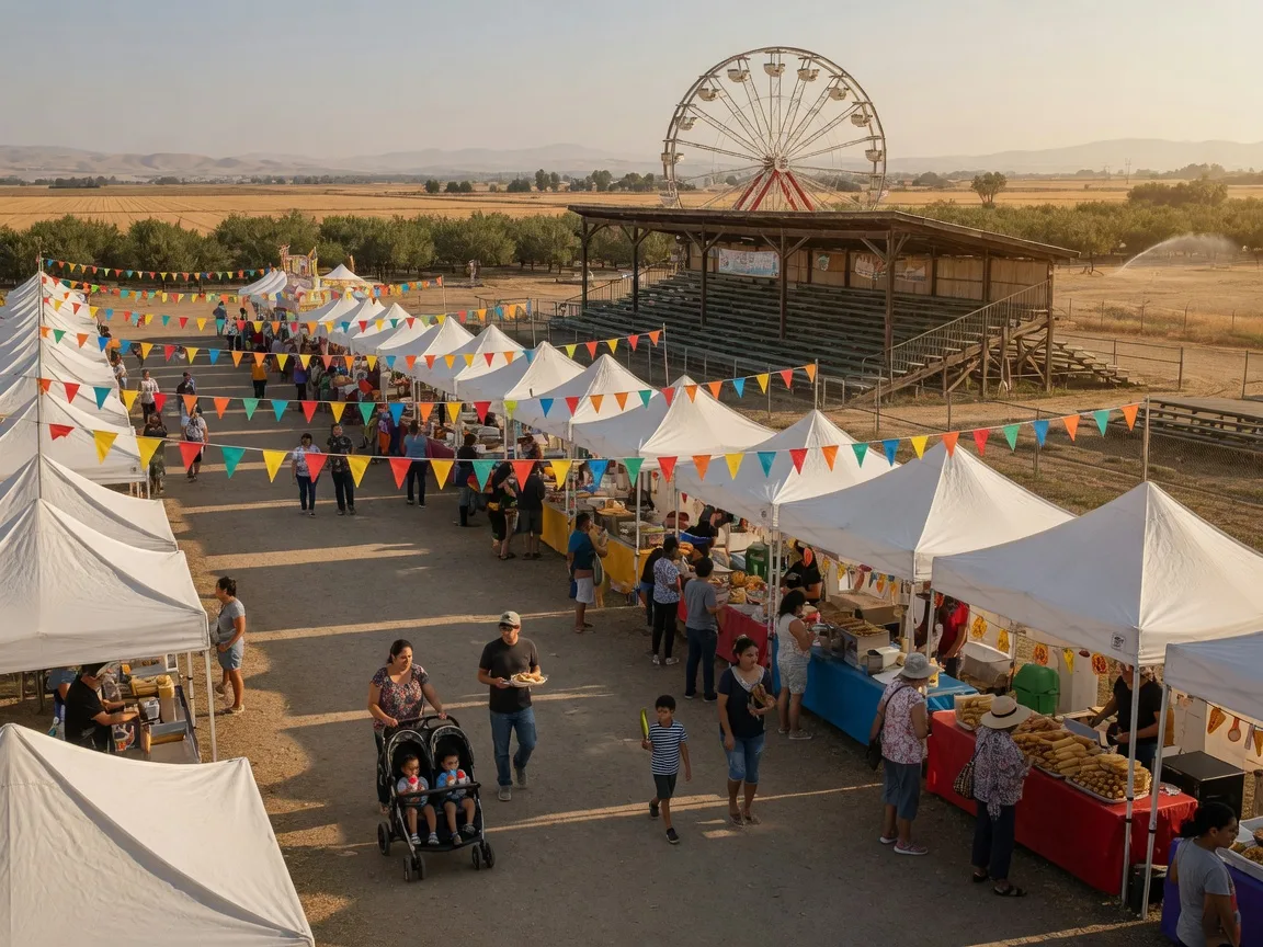 White vendor tents, and food booths lining a wide fairgrounds lane at the Stanislaus County Fairgrounds in Turlock, with colorful bunting flags, families strolling between stalls, a grandstand, and Ferris wheel in the distance, and warm late-September-afternoon light