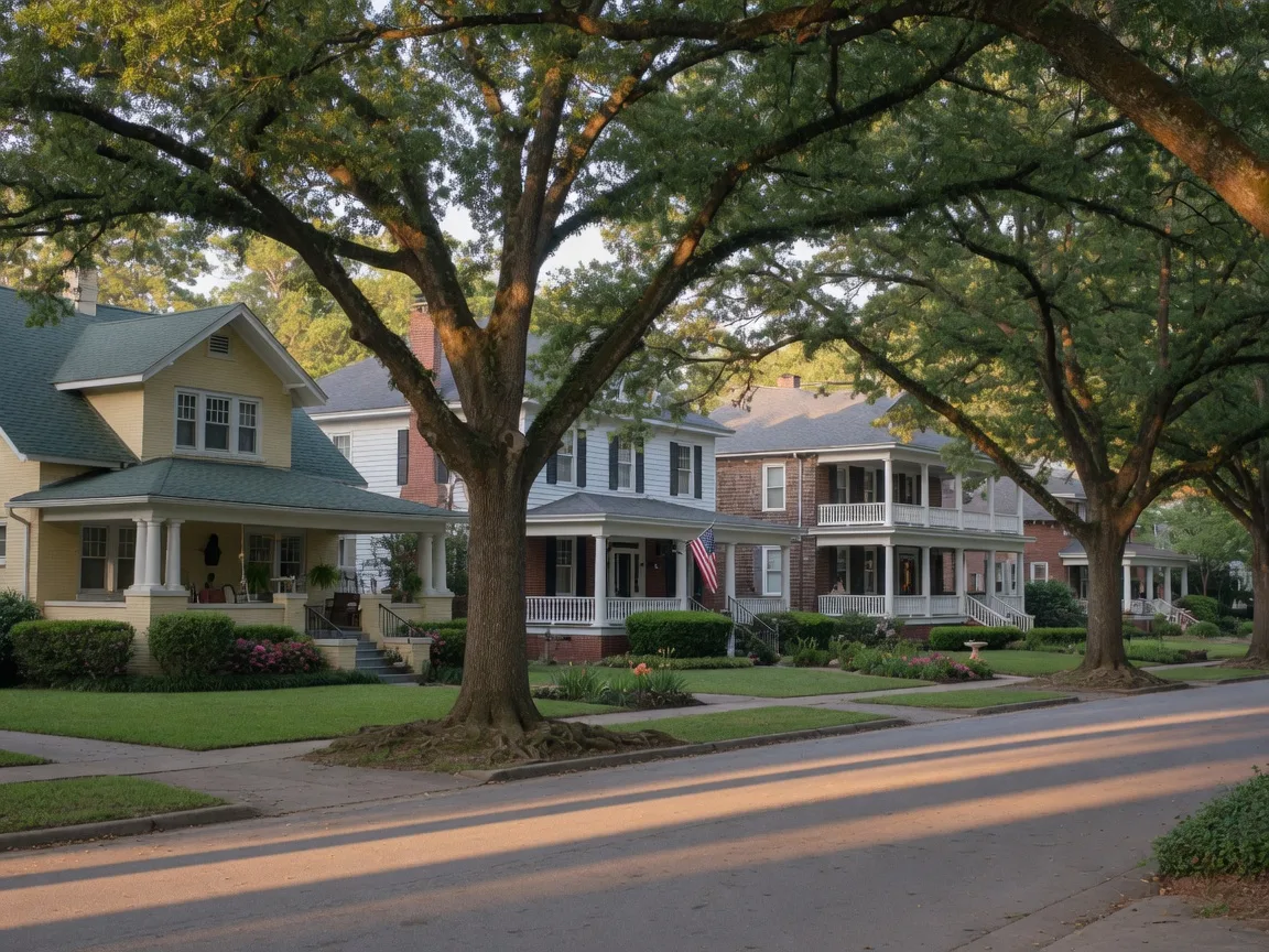 A historic tree-lined residential street in Spartanburg with craftsman-style homes and front porches