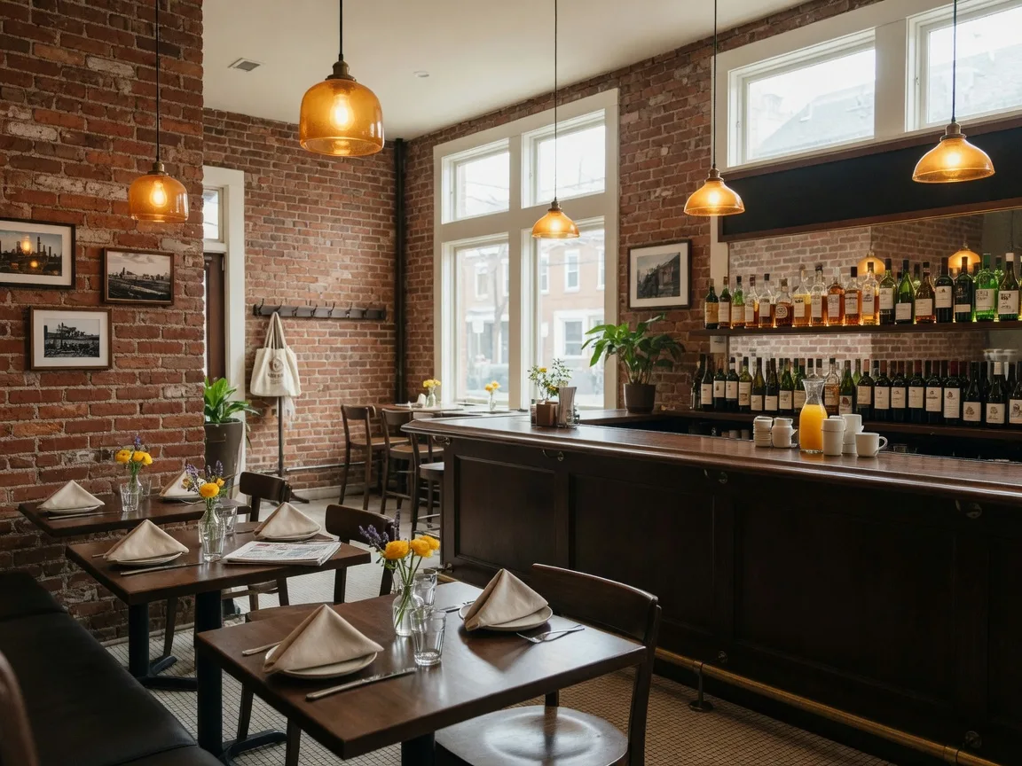 Interior of Union & Finch, a modern neighborhood bistro in Allentown's West End with exposed brick, pendant lighting, and dark wood tables
