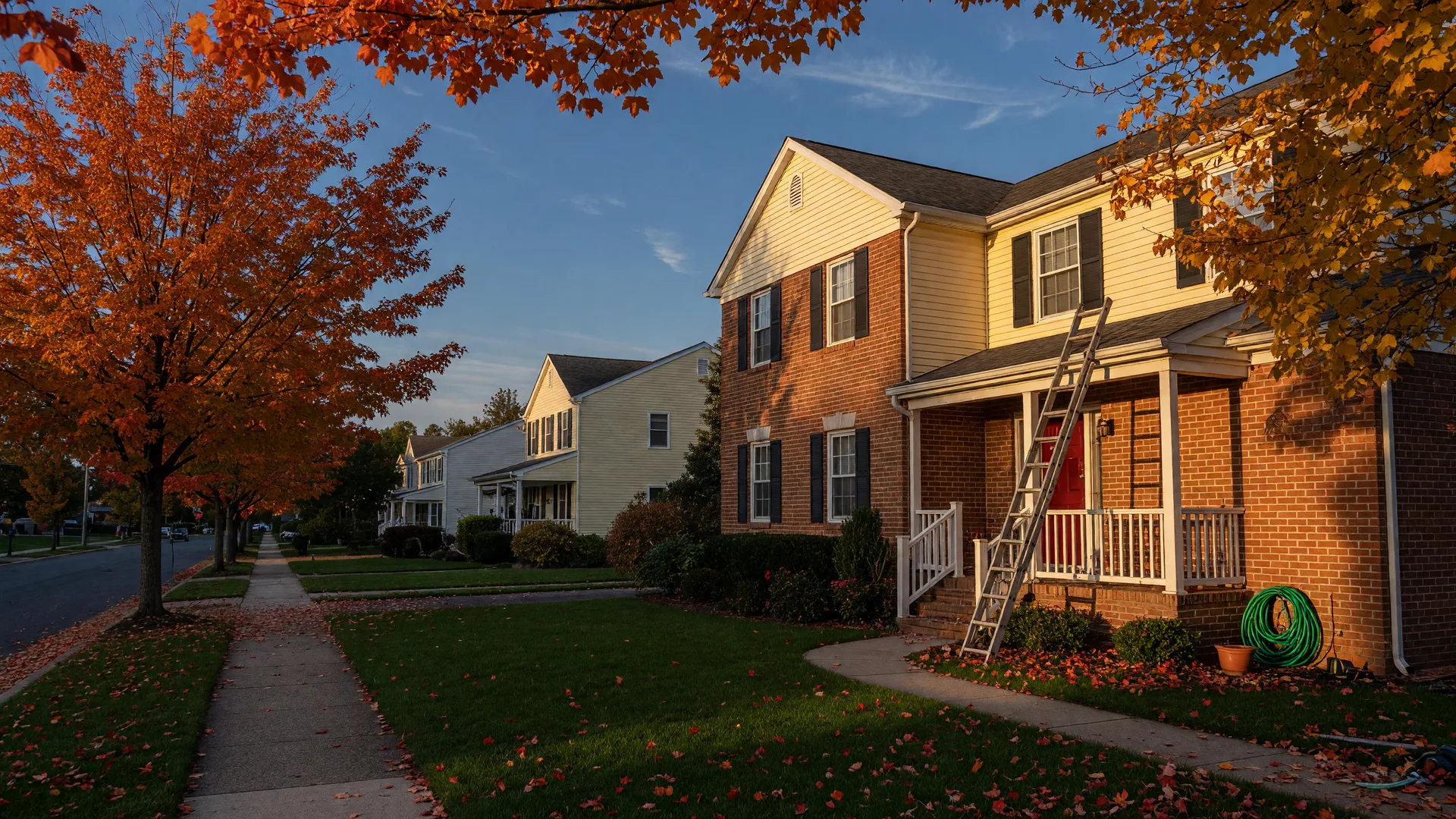 Colonial home in Cherry Hill with autumn leaves on the lawn and a folded ladder on the porch at golden hour
