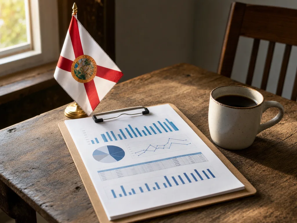 Clipboard with Florida housing market report, Florida flag, and coffee cup on wooden table in warm morning light