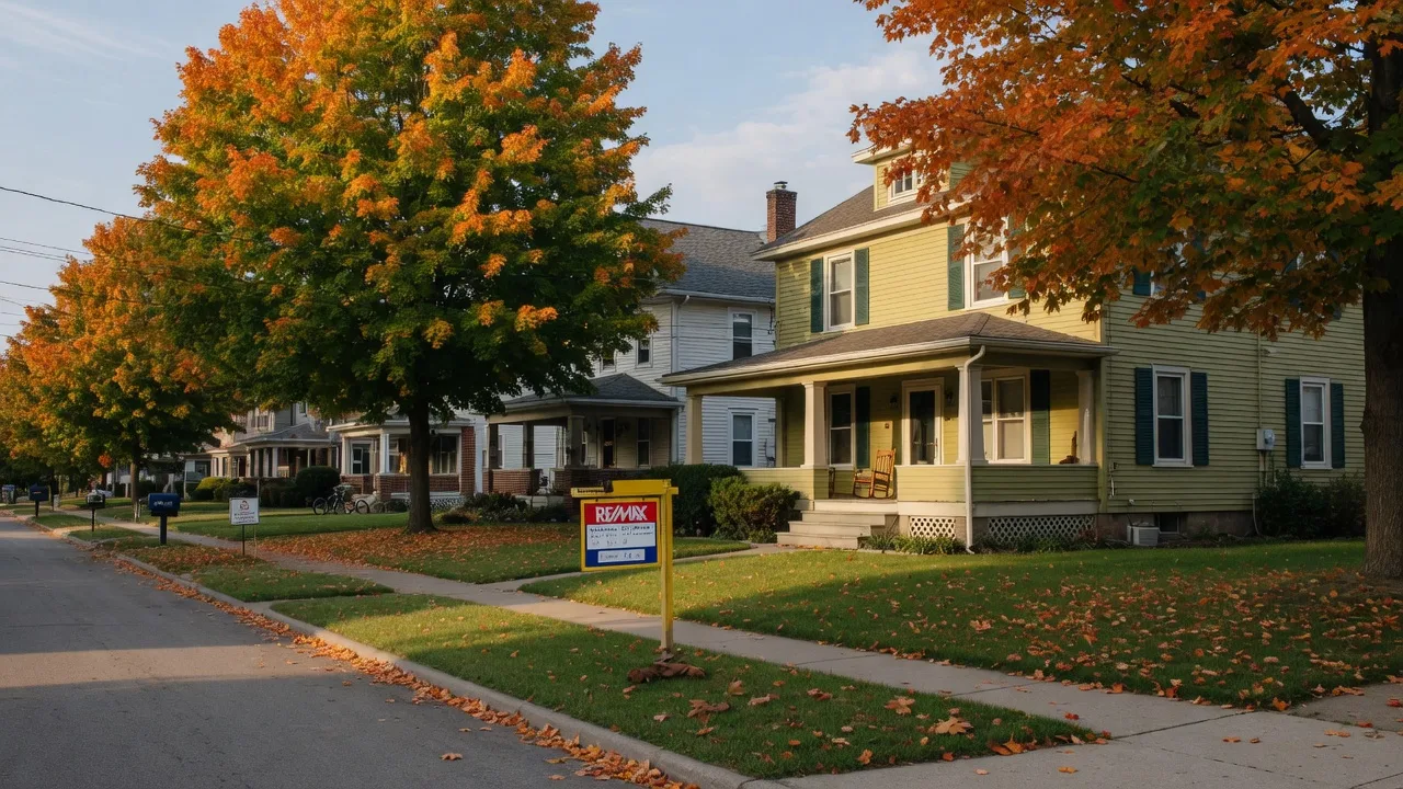 A two-story Dayton Ohio home with a For Sale sign on the lawn as the first autumn leaves turn orange in early September