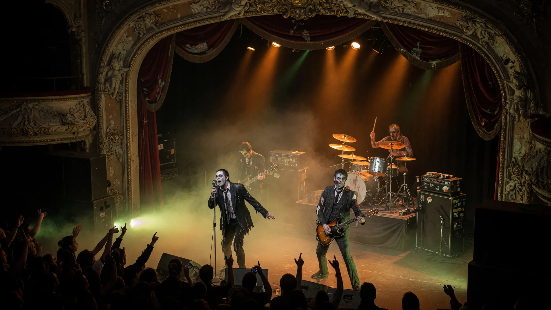 A roots-rock band in Halloween stage makeup performing under amber spotlights with green washes on a historic theater stage
