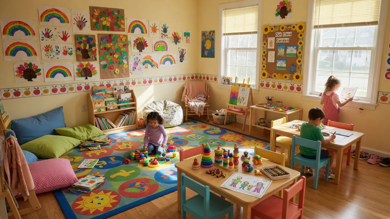 Bright preschool classroom with toys and natural light