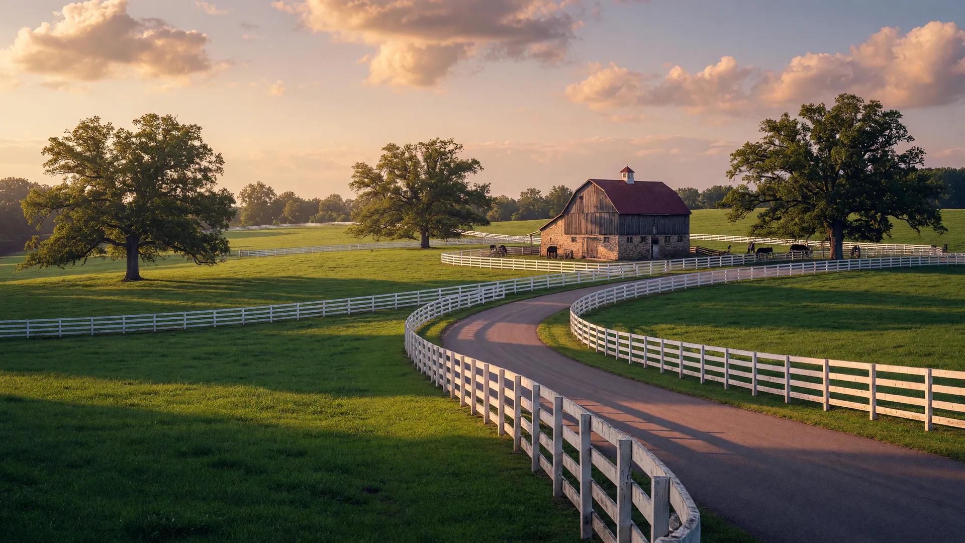 Rolling Kentucky bluegrass horse country at golden hour