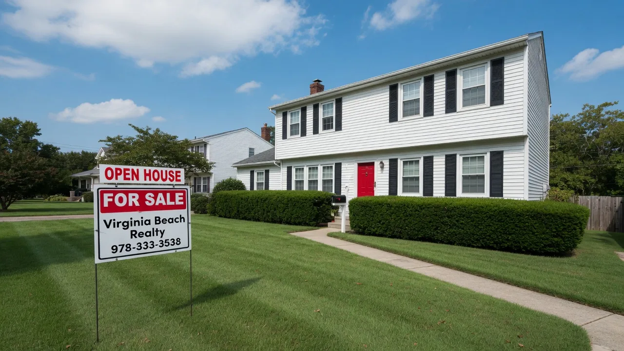 Freshly painted white-sided Virginia Beach home with black shutters and a real estate for-sale sign on the front lawn under a blue sky