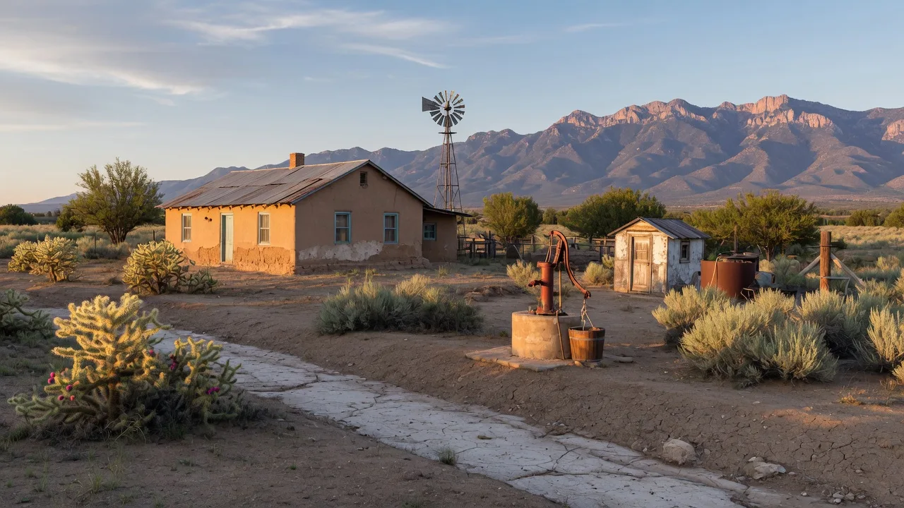 Rural New Mexico desert property with a water well and pump house at dawn, Sandia Mountains in the distance