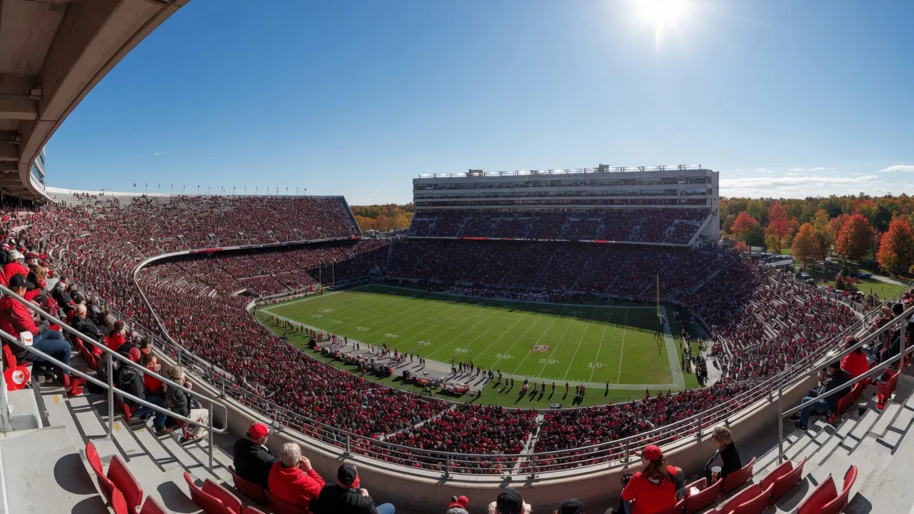 A packed college football stadium bowl at midday with red-and-black-clad fans filling the stands above a green field, representing Georgia’s SEC opener at Arkansas