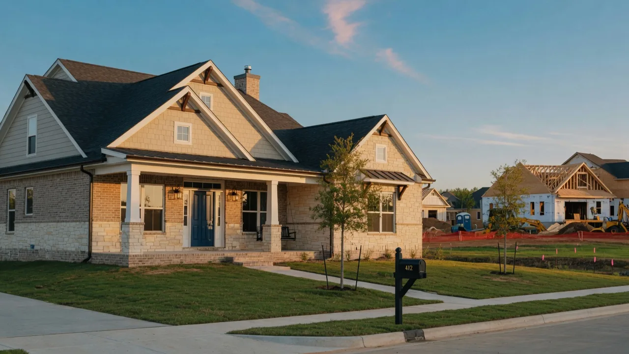 Newly built Texas farmhouse-style home by Bloomfield Homes with a covered front porch in a developing Northeast Texas community in late afternoon light