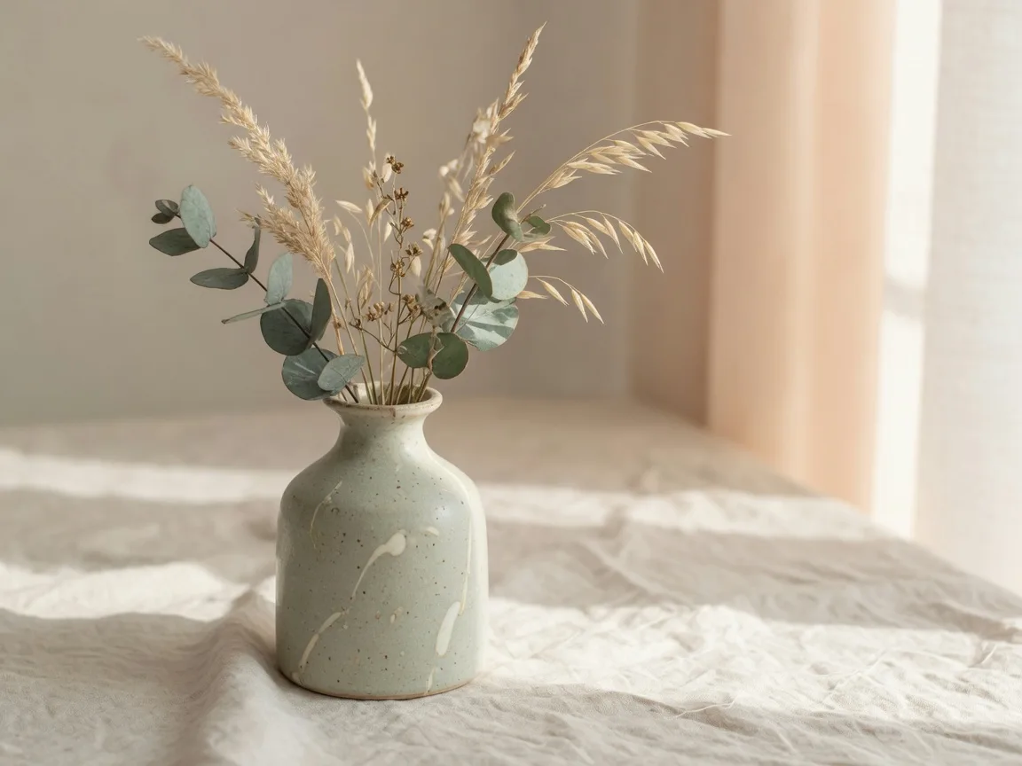 Dried grasses and eucalyptus stems in a ceramic vase on cream linen in warm diffused window light
