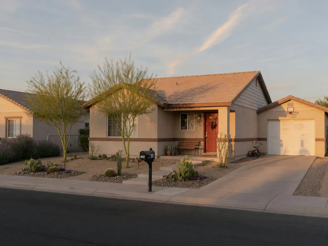 A modest starter home with a tidy front yard and small porch in warm late afternoon light