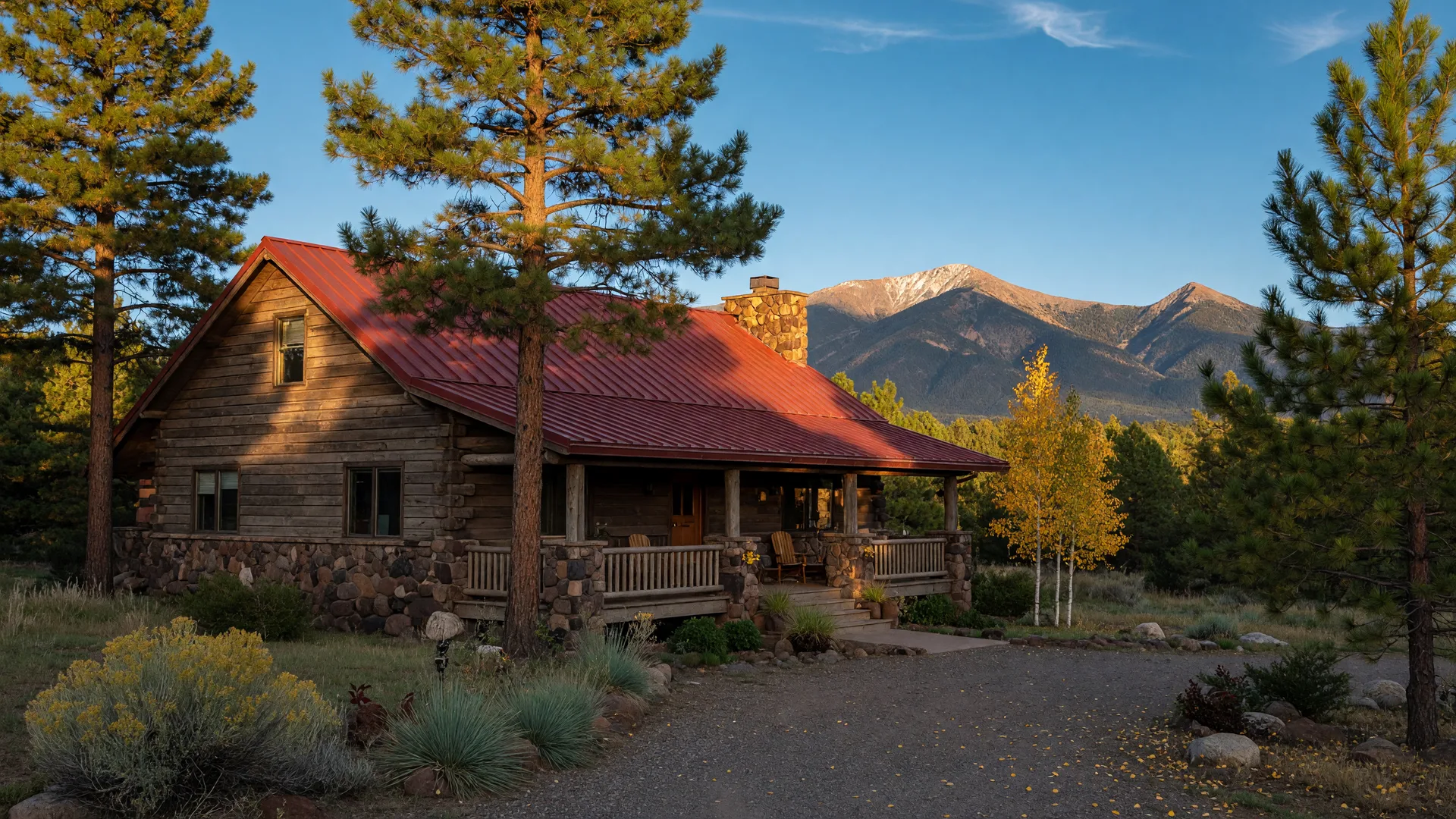 Single-family home in Flagstaff among ponderosa pines with golden aspen leaves and the San Francisco Peaks in late September light
