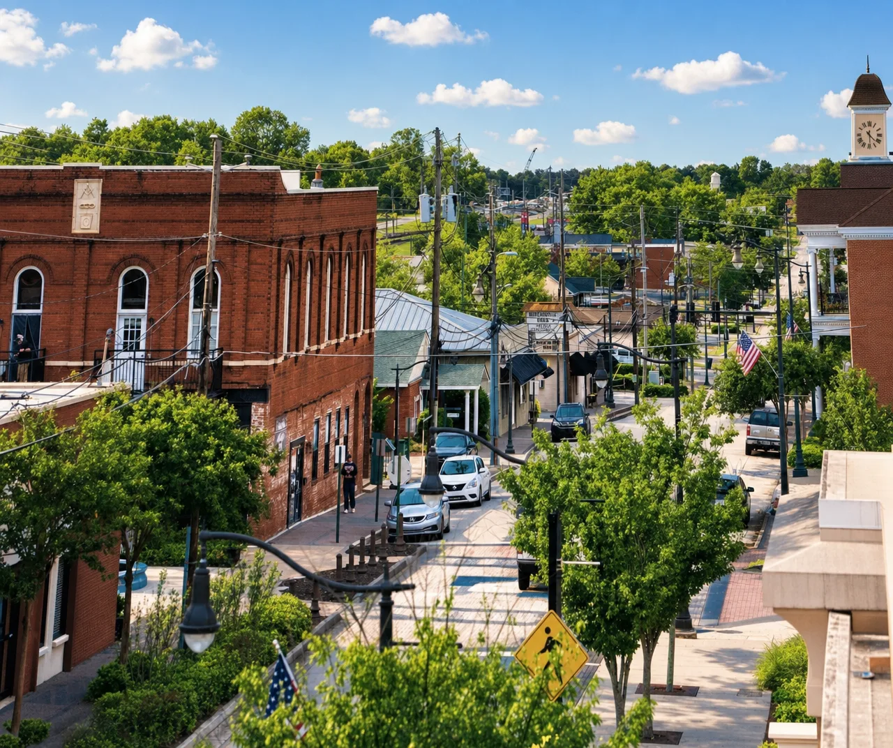 Summertime small-town street scene in Douglasville Georgia with local shops, green trees, and a bright blue sky