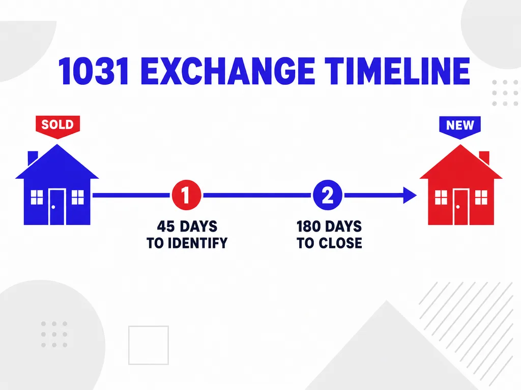 1031 exchange timeline infographic showing 45 days to identify a replacement property and 180 days to close, connecting a sale and a purchase