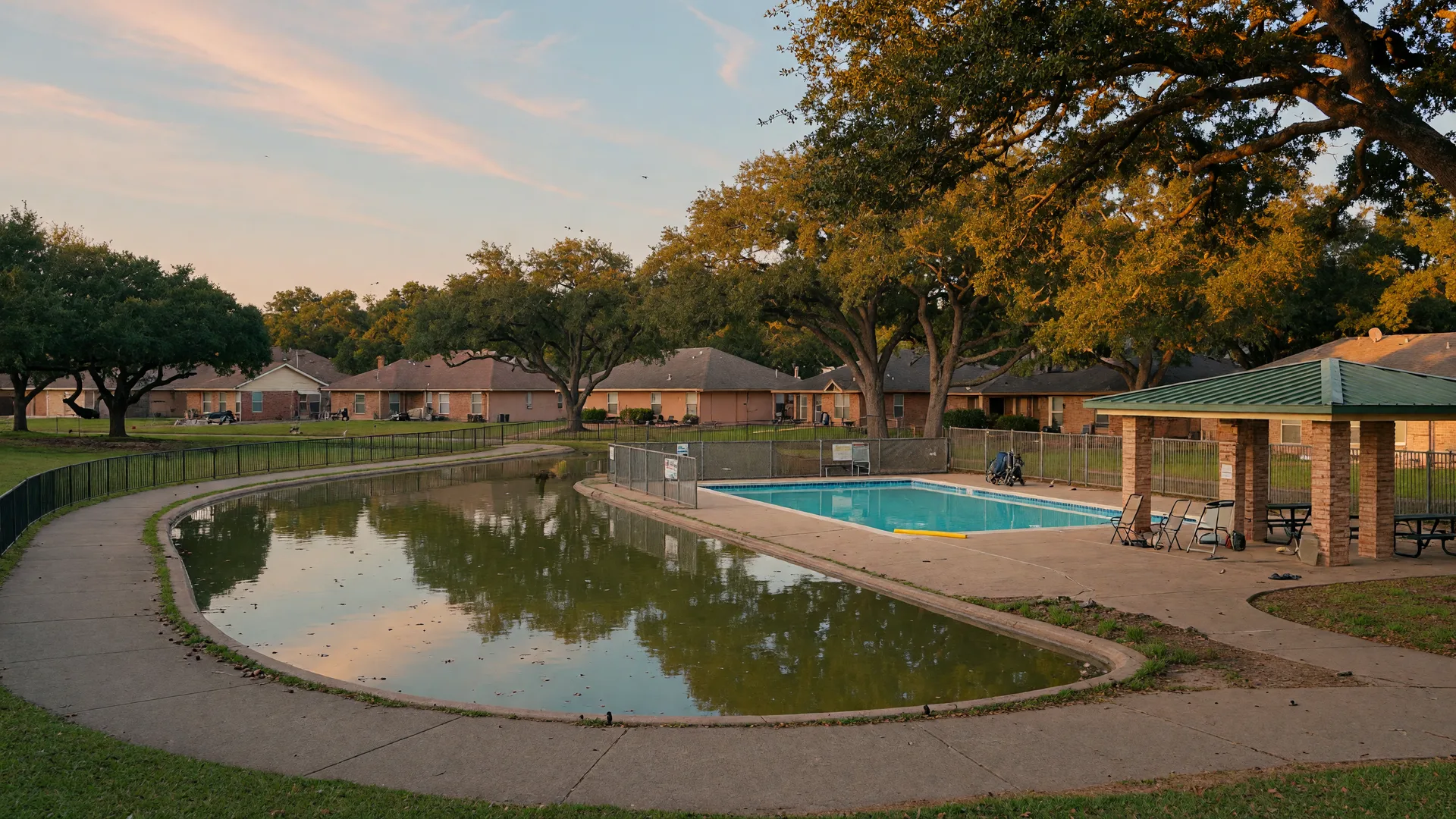 A pond with a walking path and a neighborhood pool and pavilion in a Texas master-planned community, illustrative of amenity areas like Morton Ranch