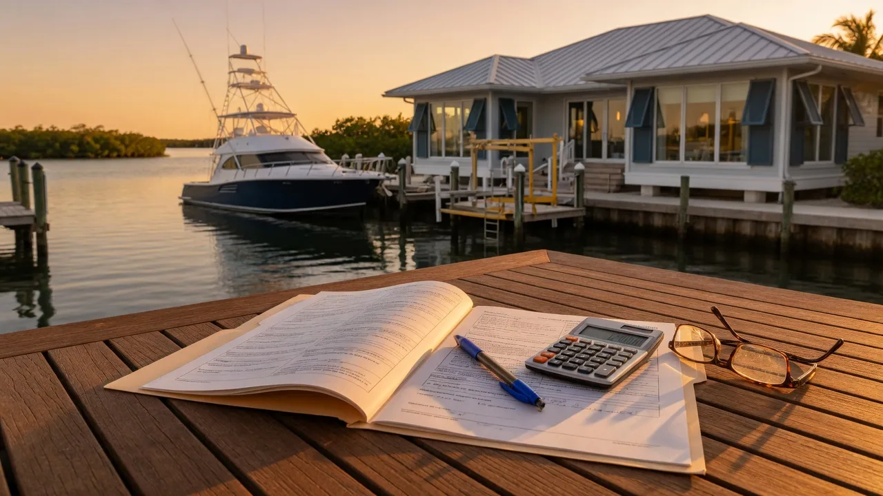 An open folder of insurance and home-ownership documents with a small calculator, a pen, and reading glasses on the teak deck of a luxury Florida Keys waterfront estate at golden hour, an elevated home with a standing-seam metal roof, impact glass, and hurricane shutters and a private dock with a boat lift and sportfishing yacht glowing softly behind