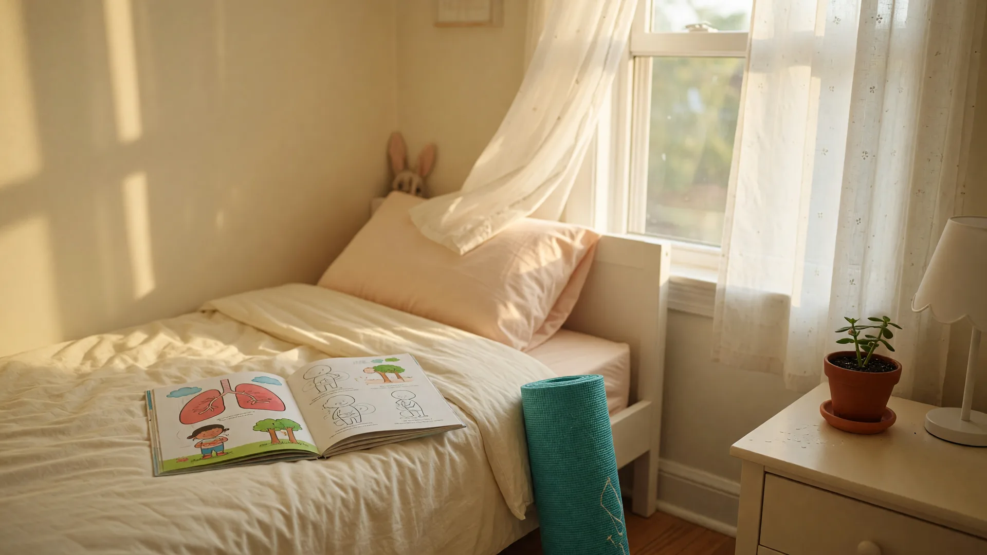 A peaceful child's bedroom in soft morning light with an open window and sheer curtains, representing healthy nasal breathing and restful sleep