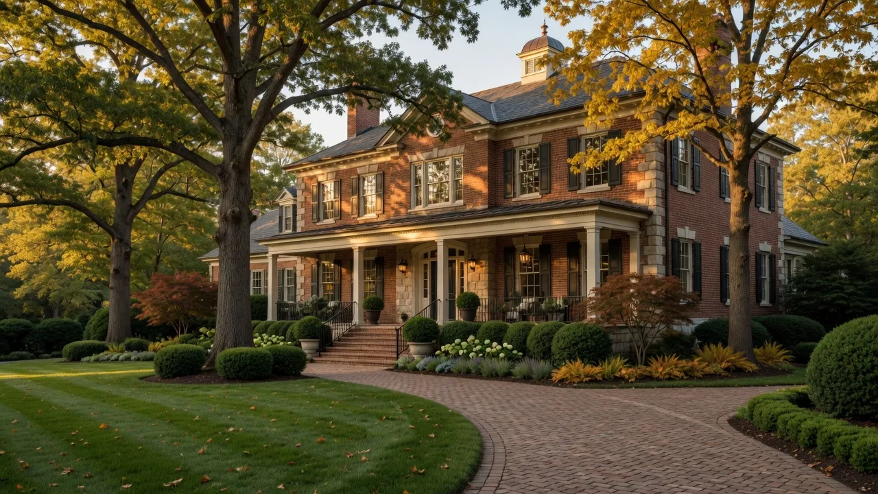 Luxury brick and stone colonial home in Davidson NC with professional landscaping and mature trees