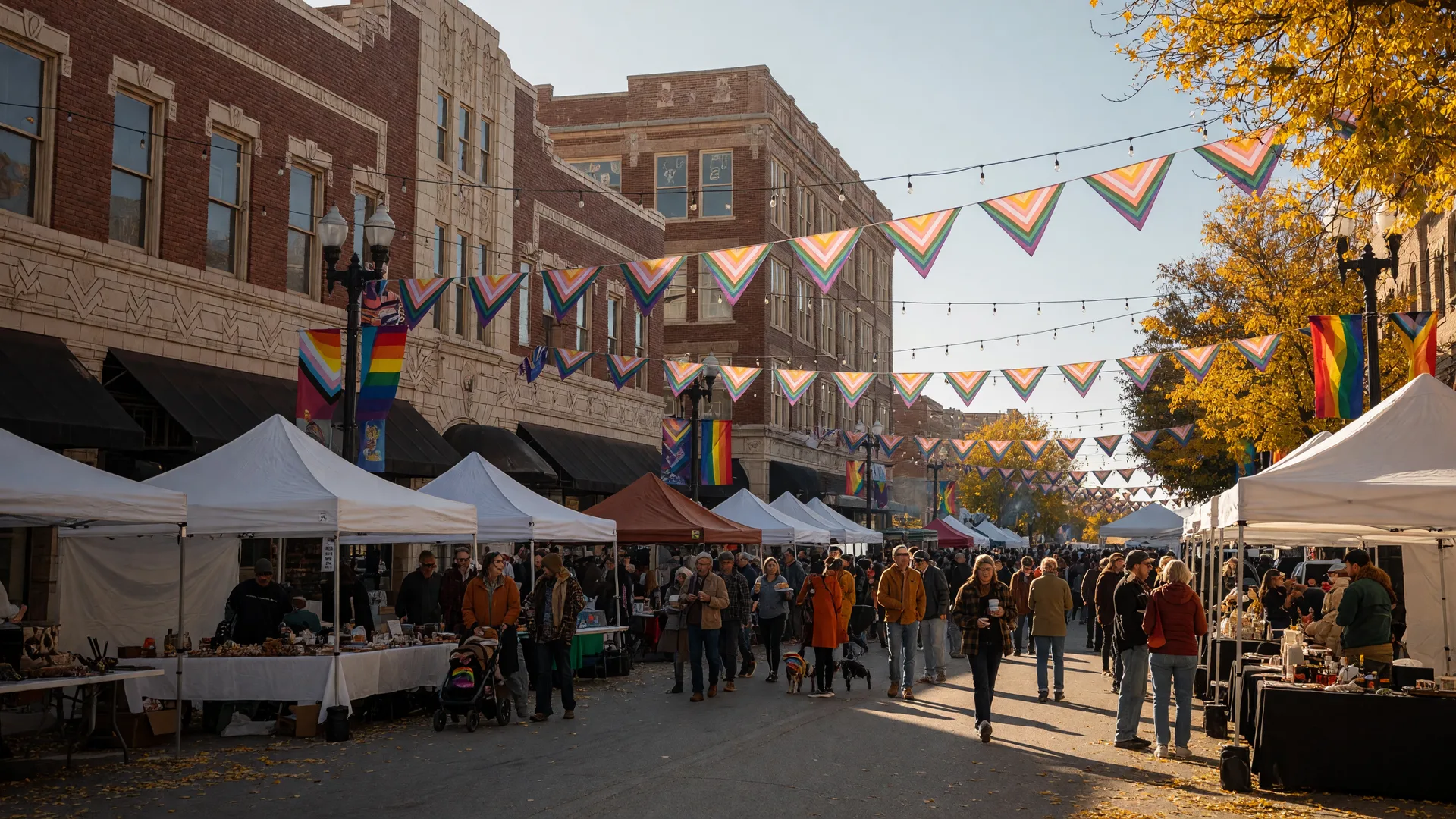 Downtown Tulsa street festival with rainbow bunting, vendor tents, and string lights on an October afternoon