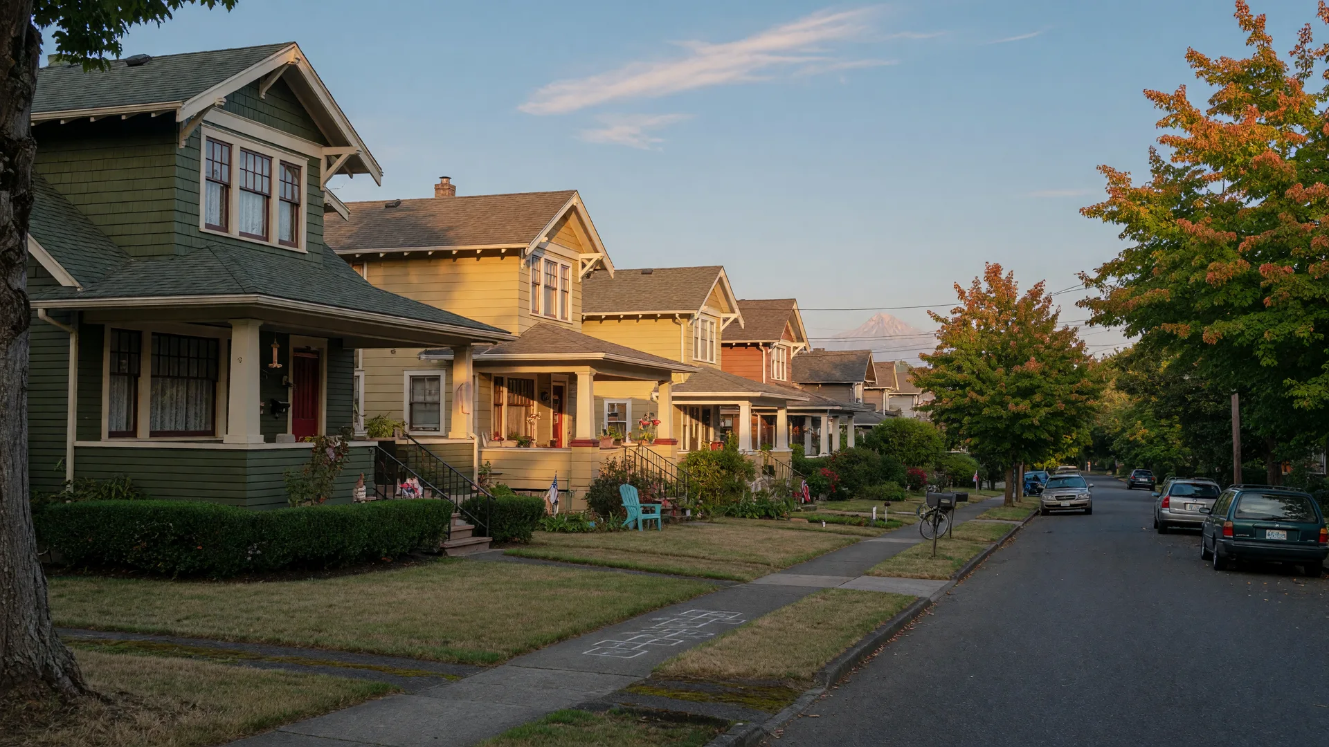 Quiet Portland craftsman-lined residential street in warm late-summer light