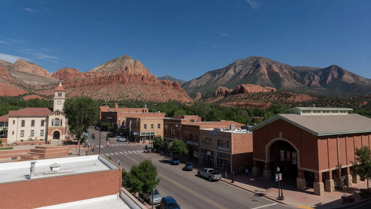 Cedar City, Utah's historic downtown Main Street with the Utah Shakespeare Festival theater, Southern Utah University campus, and red rock high desert mountain terrain beyond