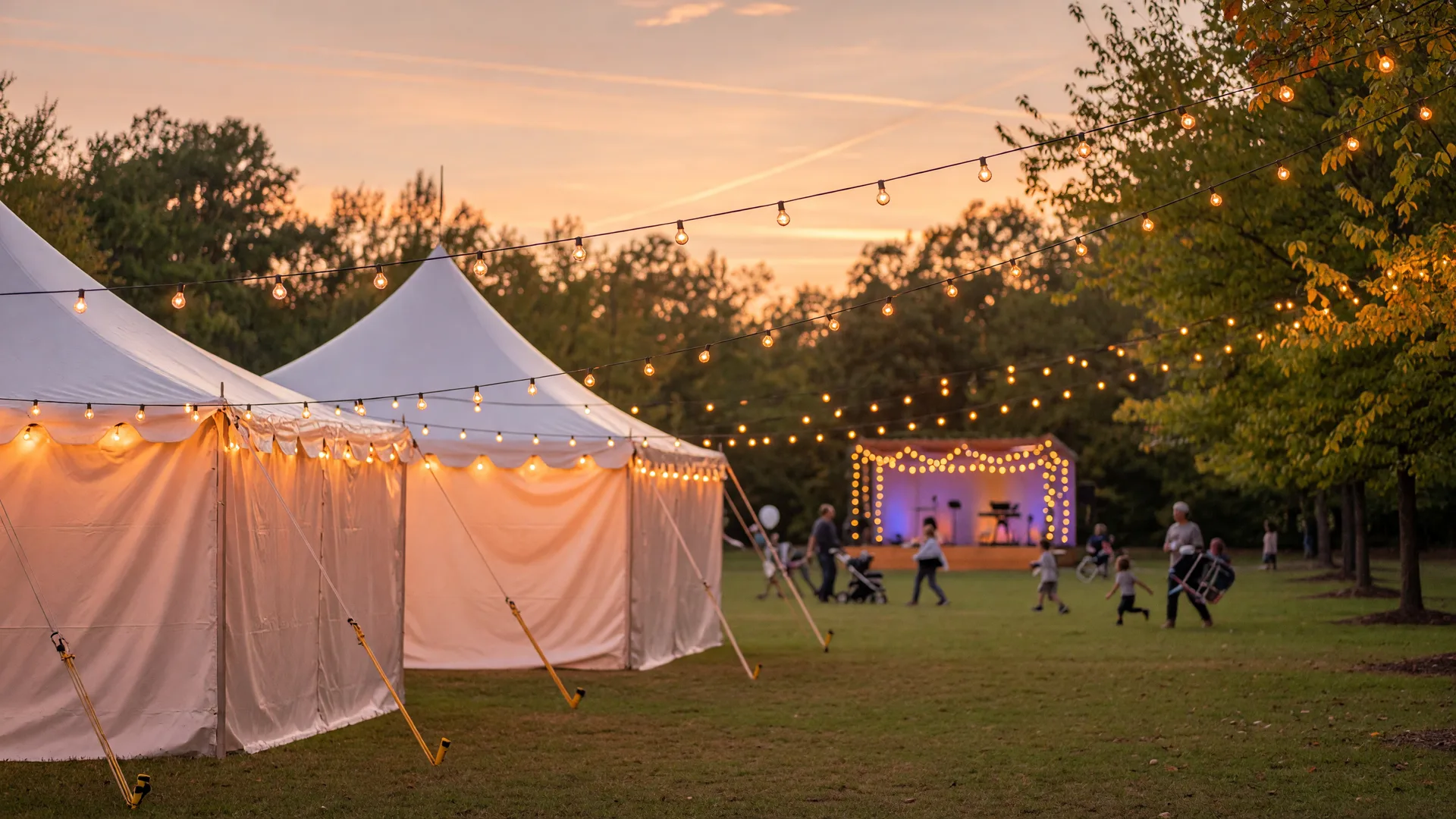 Festival tents and strings of warm lights on a green park lawn at golden hour in Charlotte NC in early fall