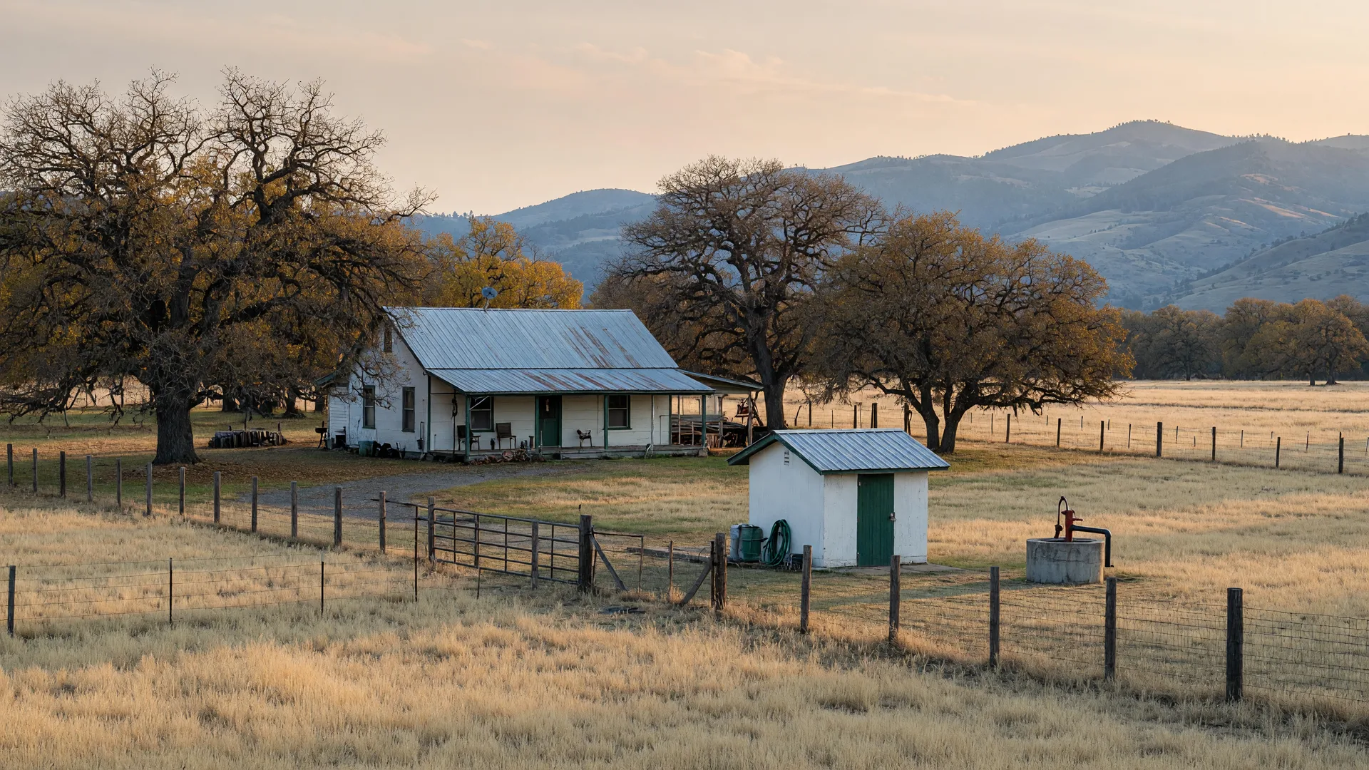 A rural Southern Oregon farmhouse on acreage with a metal roof, mature oak trees, a fenced pasture, and a small pump house by a wellhead, with the Rogue Valley foothills in the distance