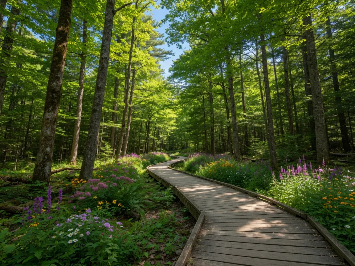 Sun-dappled forest trail through Hickory Creek Preserve with wooden boardwalk