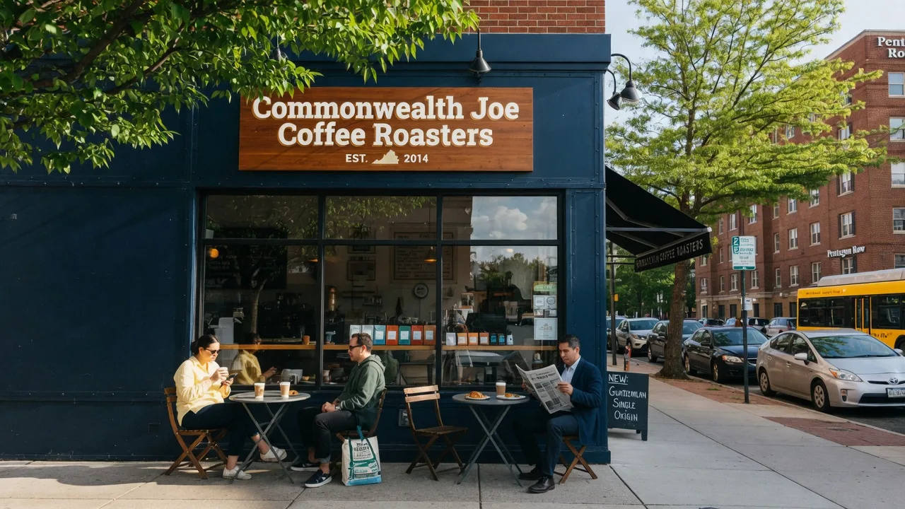 Modern industrial storefront of Commonwealth Joe Coffee Roasters in Pentagon City, Arlington VA with a dark navy facade, large glass windows, a wooden sign, and outdoor bistro tables under a leafy tree canopy