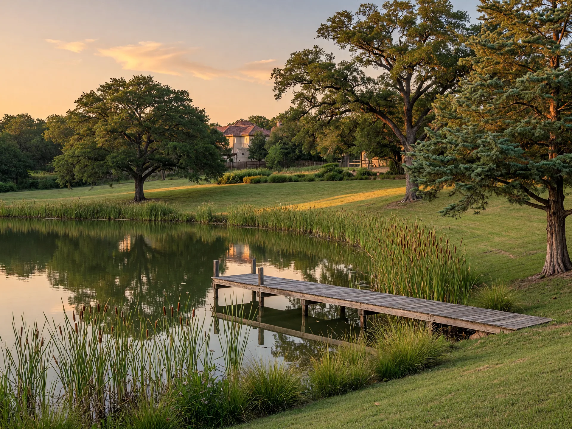 Calm fishing pond with a wooden pier and native grasses in a Texas Hill Country community at golden hour