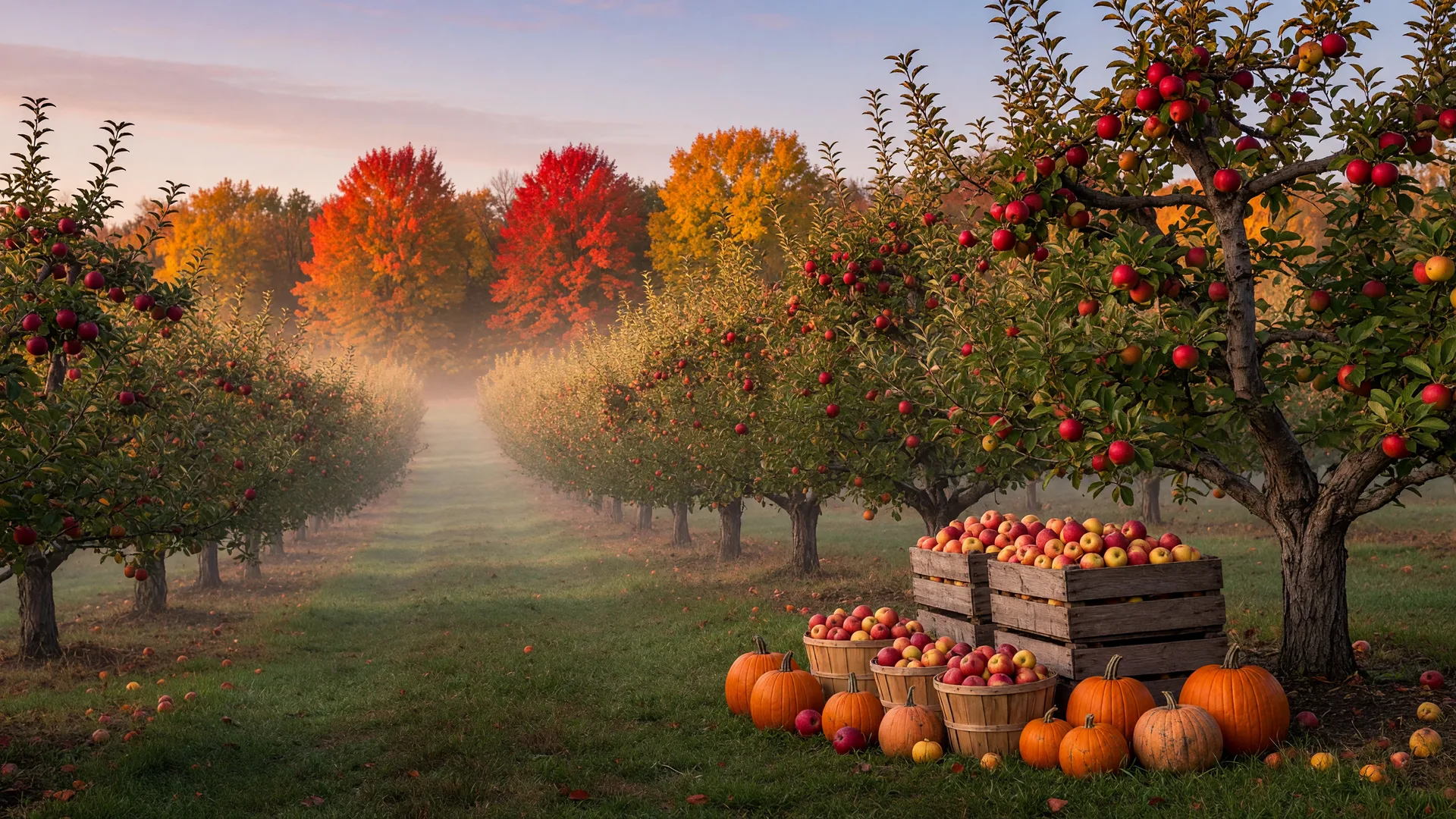 Rows of red and golden apple trees in a Minnesota orchard in early October, with wooden bins of freshly picked apples and scattered pumpkins on the grass