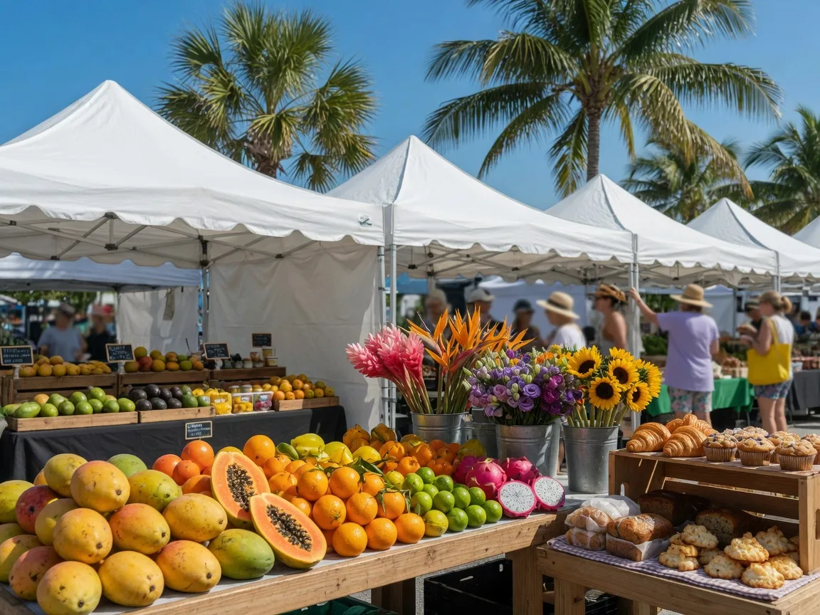 Colorful Florida farmers market with white tents, fresh produce, and cut flowers under palm trees on a sunny morning