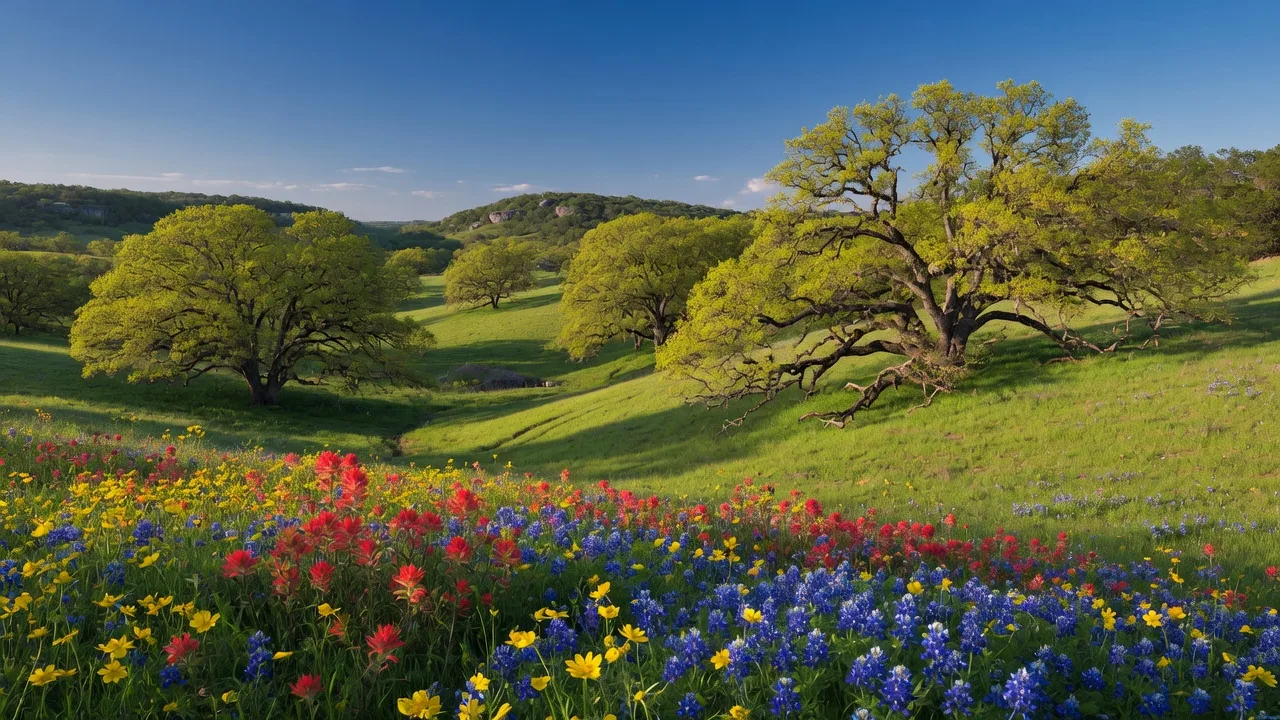 A lush Hill Country spring landscape with live oak trees and wildflowers