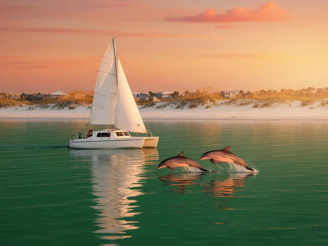 A white sailing catamaran gliding across calm emerald Santa Rosa Sound at golden hour, two Atlantic bottlenose dolphins arching from the water alongside, the low white-sand shoreline soft in the background under a coral sky.