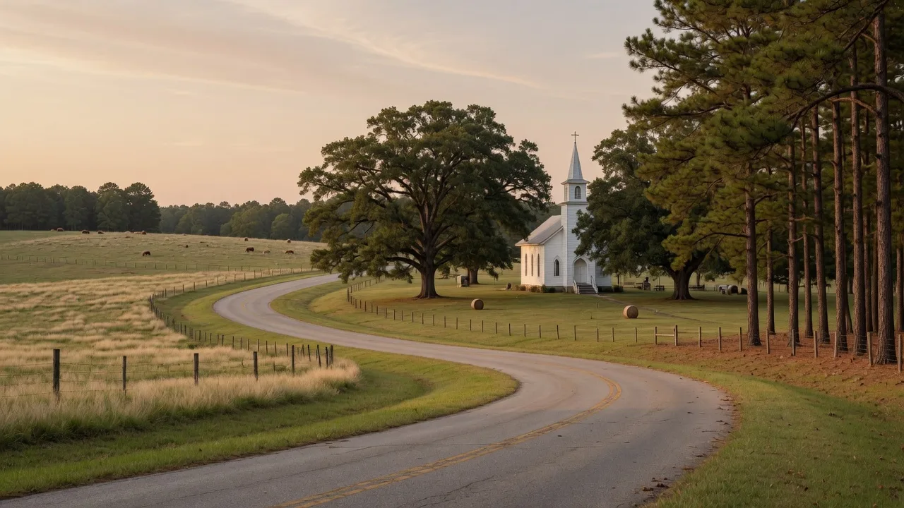 Two-lane country road through rolling pasture and pines in rural Jones County, Georgia