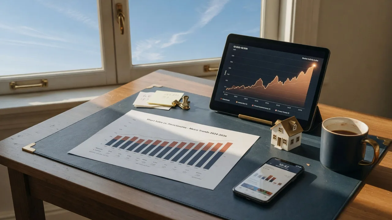 A calm editorial scene of a 2026 analyst desk with a short-sales versus foreclosures chart, a rising value graph, and a model home