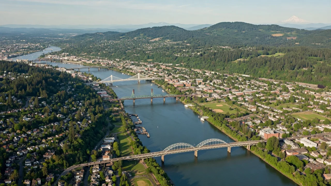 Aerial view of the Willamette River and Portland bridges