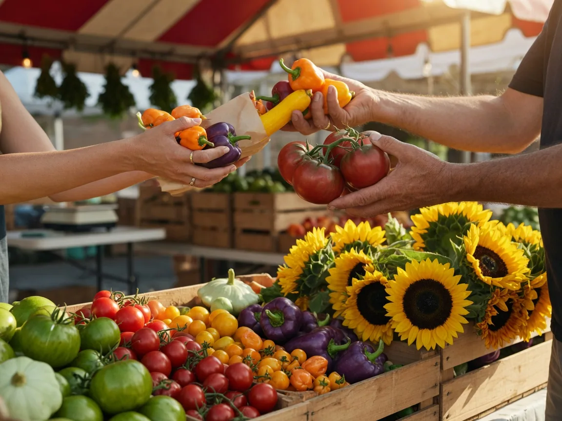 Wooden crates of heirloom tomatoes and peppers at a small-town farmers market in warm morning light