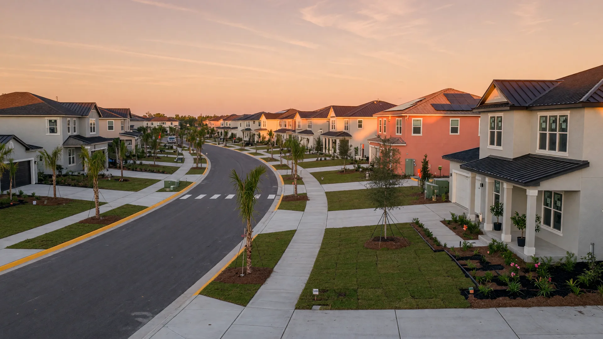Brand new homes in Groveland, Central Florida, at golden hour