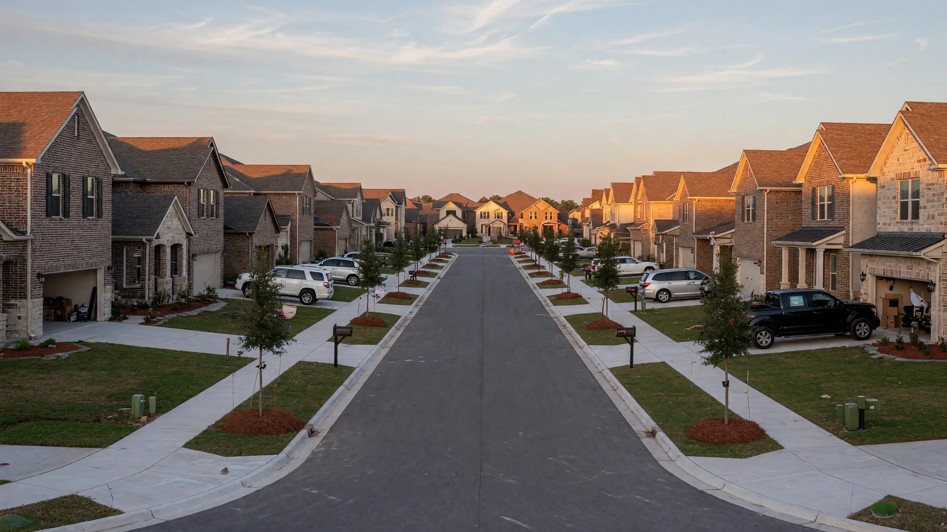 Illustrative image of a new master-planned community street in the Katy area at golden hour
