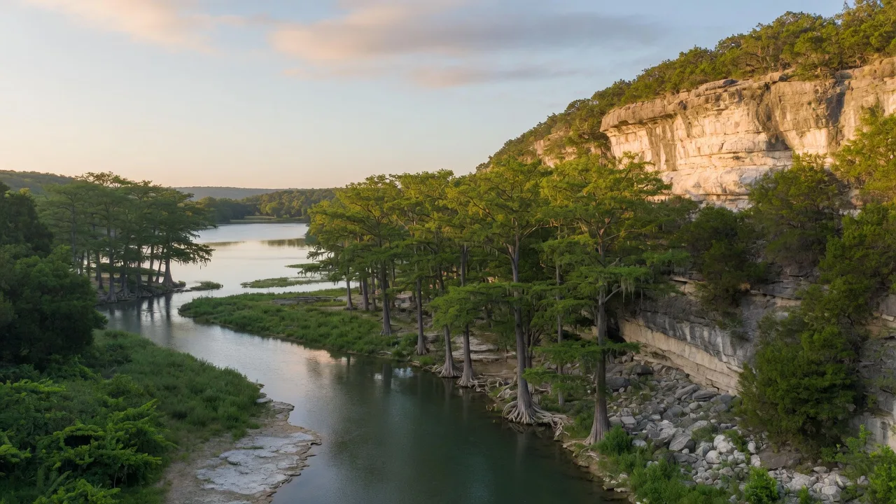 The Guadalupe River winding through cypress trees toward a calm lake between New Braunfels and Canyon Lake