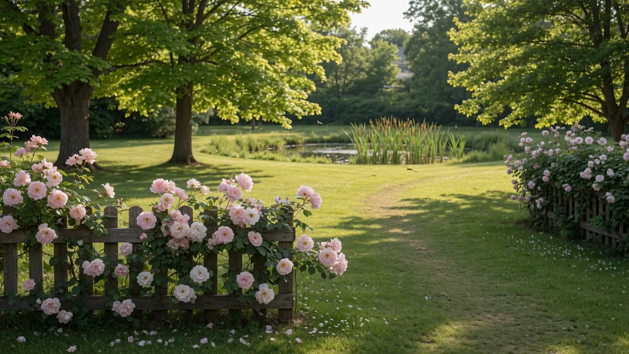 The garden at the back of the home, with a trail curving toward the pond