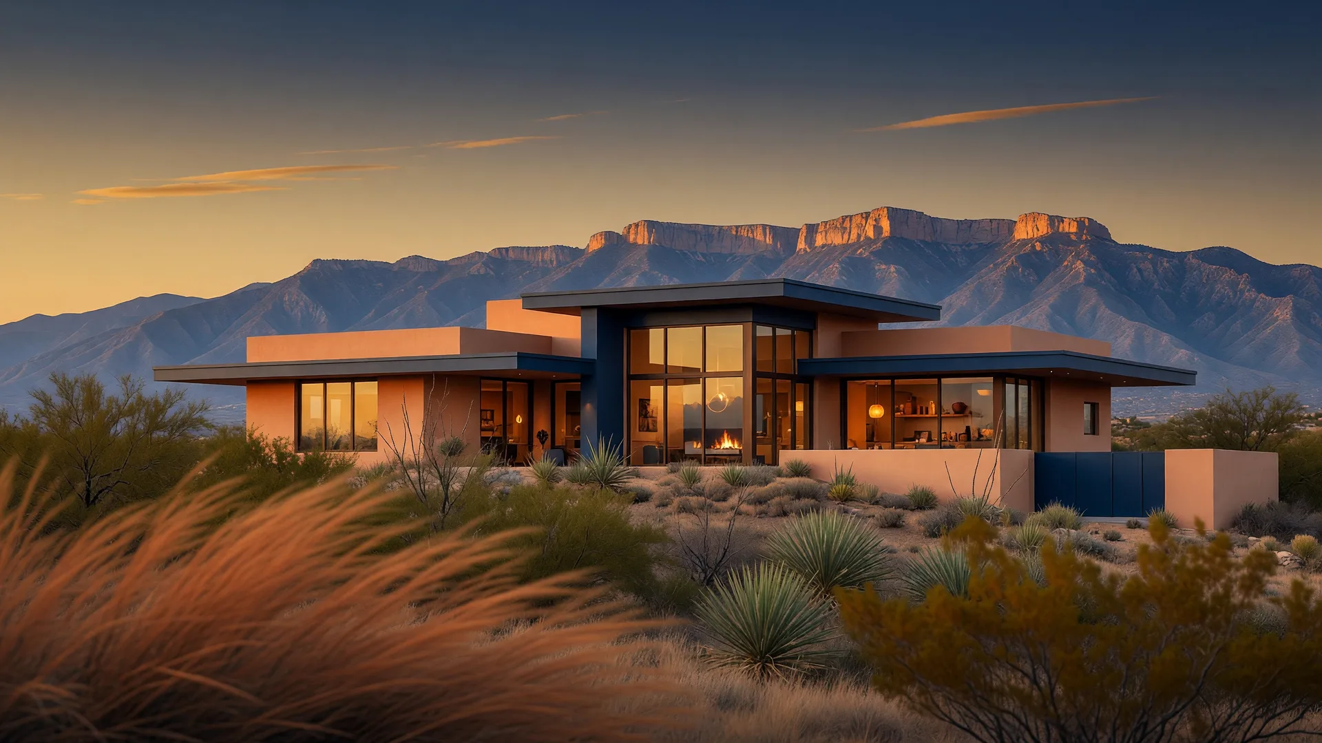 Editorial photograph of an Albuquerque distinctive home against the Sandia Mountains at golden hour
