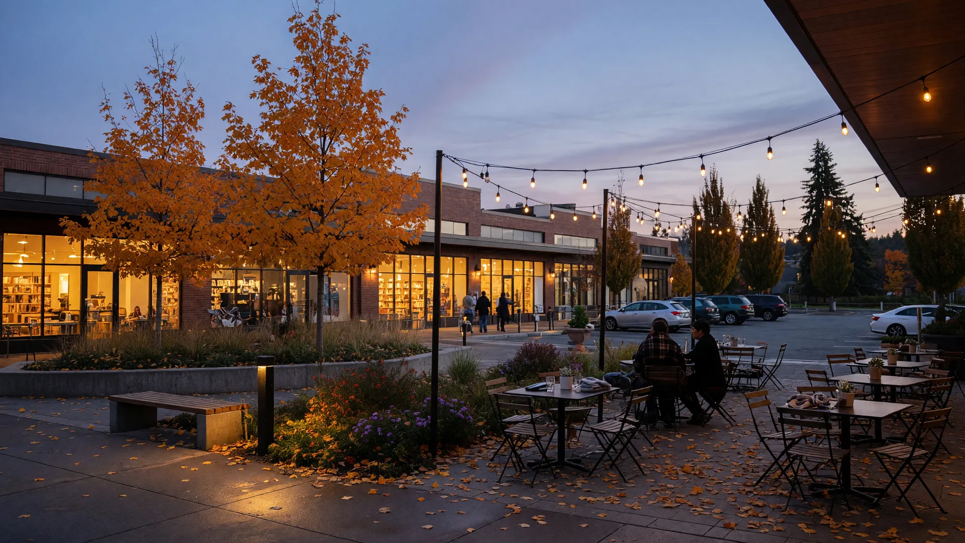 Modern mixed-use town center at dusk with glowing storefronts and string lights over a patio