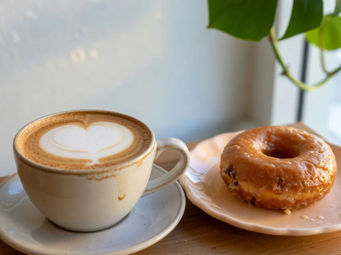 A latte with layered milk foam beside a glazed donut on a small plate at a Fort Myers coffee shop, with soft morning light