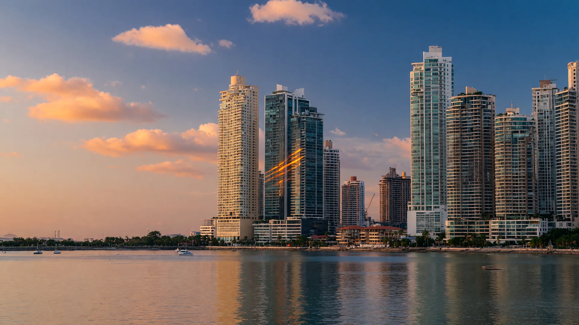 Panama City skyline along the Pacific waterfront at golden hour with modern residential towers