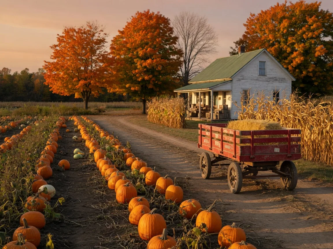 A family farm pumpkin patch on a late October afternoon: rows of orange pumpkins, a red wagon with straw bales on the lane, a small farm store and golden corn stalks in the background
