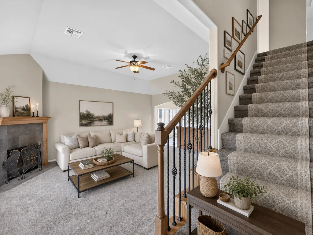 Wooden stairwell with iron balusters, virtually staged with gallery art and a stair runner